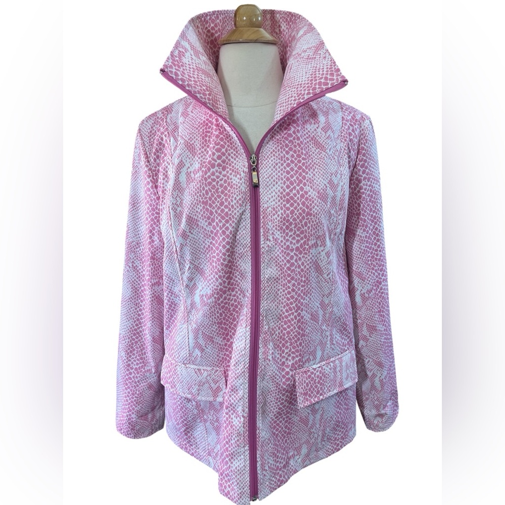 Dennis Basso Pink & White Animal Print front zip up Rain Jacket w/pockets Size L